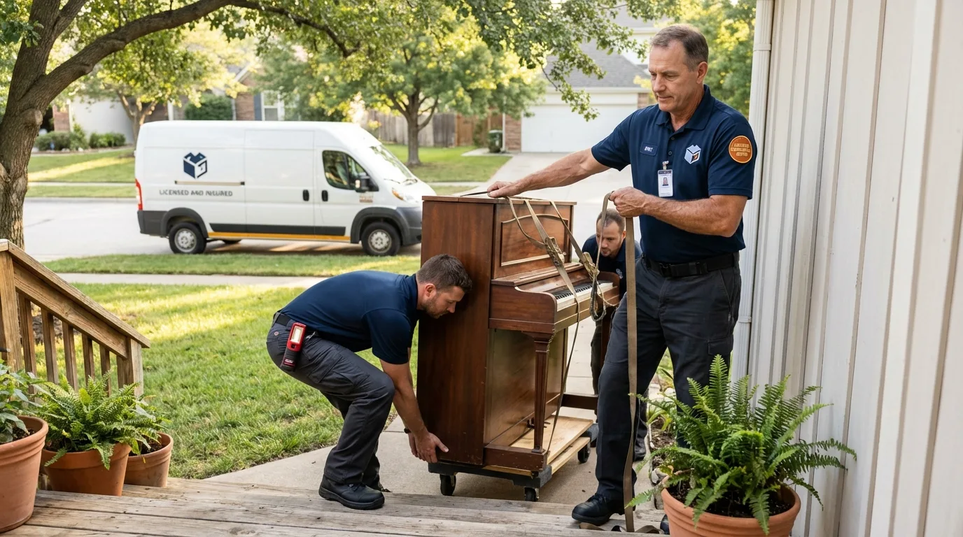 Licensed piano movers securing grand piano in Waynesboro, VA