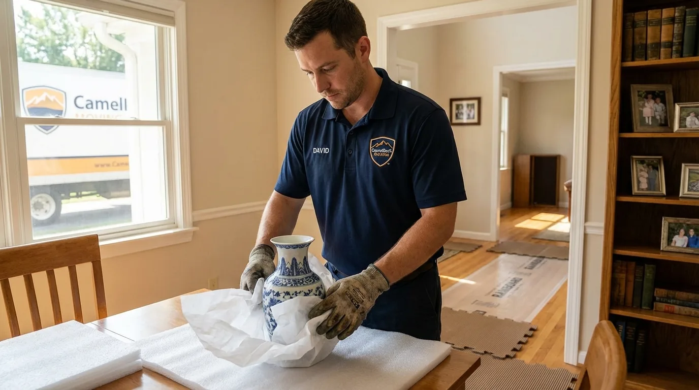 Professional crew carefully wrapping antique vase for senior downsizing move in Waynesboro, VA